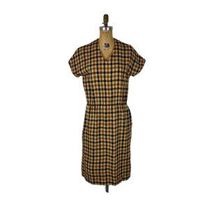 Vintage 80s Wool Dress Womens Medium Brown Checkered V Neck Fall Sheath Academic